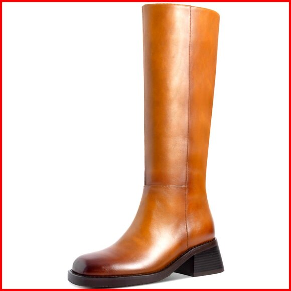 Knee High Boots Faux Leather Low Heel Square Toe Side Zipper Riding Boots